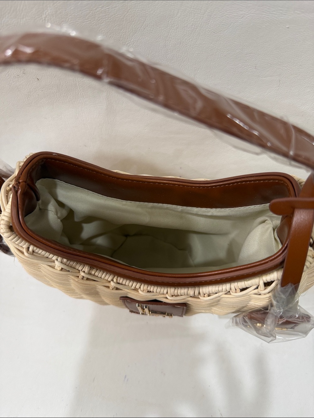 Loulou Woven Crescent Crossbody Bag in Natural & Brown - Picture 4 of 16